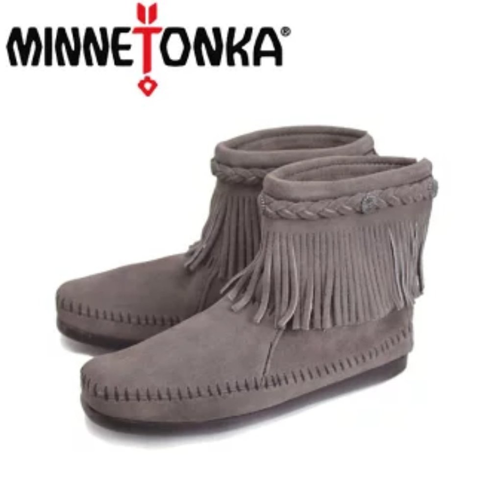 Minnetonka Gray 29IT Concho Hi Top Fringe Zip-up Moccasin Ankle Boots, 9